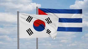 Cuba and South Korea flag waving together in the wind on blue sky, cycle looped video, two country cooperation concept