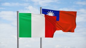Taiwan and Italy flag waving together in the wind on blue sky, cycle looped video, two country cooperation concept