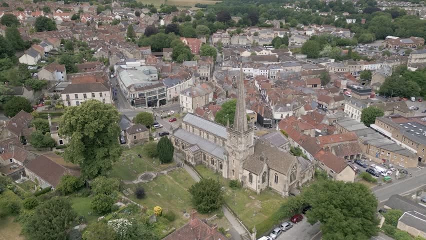 Aerial view, St John the Baptist church, town of Frome, Somerset, England Royalty-Free Stock Footage #1105771501