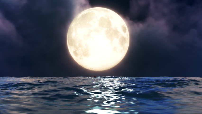 Big Moon at Night and Wave Ocean Loop. 3D rendering. Moon reflection light at night and ocean wave in a seamless loop.
