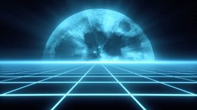 Trendy retro futuristic blue neon lights 3d road to the moon on starry background. 3D render. Retrowave VJ videogame landscape, neon lights and low poly terrain grid. Retro full moon. Seamless loop.	 - Powered by Shutterstock - Get 15% off with code: PIKWIZARD15