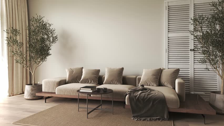 Modern beige minimalism interior livingroom with brown sofa, wood floor and plants. 3d rendering illustration. 3d visualization. High quality 4k footage video. 3D Illustration Royalty-Free Stock Footage #1105778751