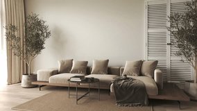 Modern beige minimalism interior livingroom with brown sofa, wood floor and plants. 3d rendering illustration. 3d visualization. High quality 4k footage video. 3D Illustration