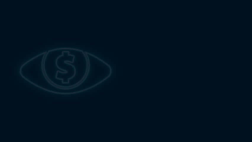 Glowing neon line Eye with dollar icon isolated on black background. 4K Video motion graphic animation.