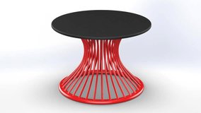 360 degree view of Black Round Top Table with Circular pattern Red base on white background. Decorative Table design 3d render rotating video clip