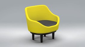 360 degree view of Single Yellow Sofa with Black Cushion and Black Wooden Base on white background. Chair design rotating 3d render video clip. HD video Resolution