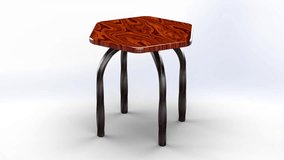 360 degree view of Stool with Wooden Top and black twisted bar base design closeup view. Decorative Stool Design rotating 3d render on white background video clip