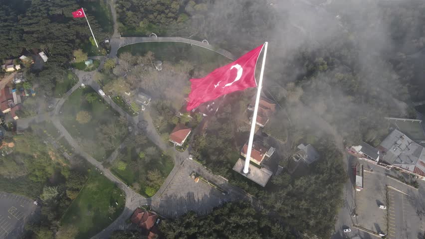Turkish Flag and Camlica Mosque (Camlica Camii) in the Fog Drone Video, Camlica Hill Uskudar, Istanbul Turkey (Turkiye) Royalty-Free Stock Footage #1105792237