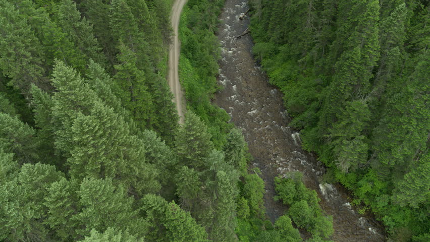 Top down aerial over forest service road and creek in Riggins Idaho