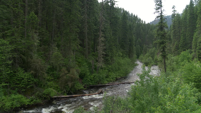 Low aerial over Slate Creek in Idaho near Riggins in spring time