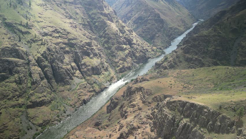 High aerial above Snake River in Hells Canyon on border of Oregon and Idaho