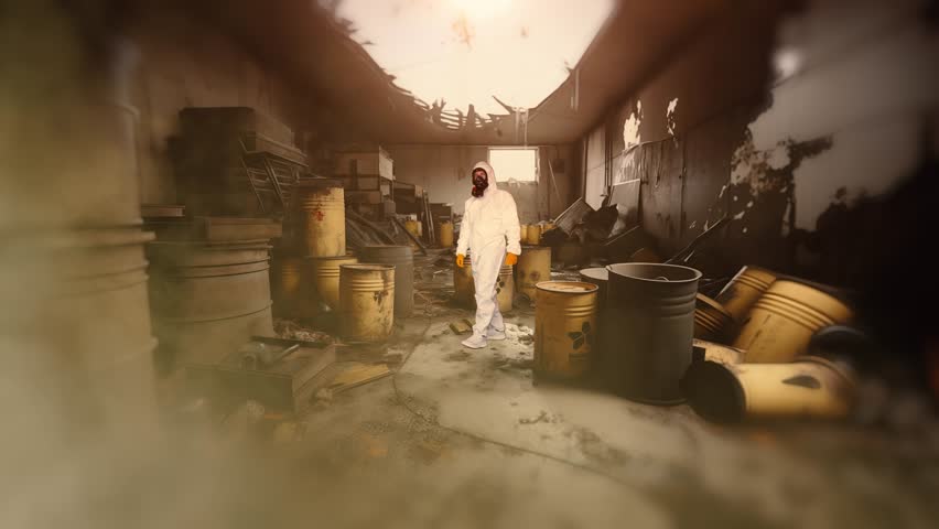 Portrait of industrial worker technologist wearing hazmat suit in production plant. Man in white protective uniform with hairnet and protective mask handling hazardous chemicals. Royalty-Free Stock Footage #1105798681