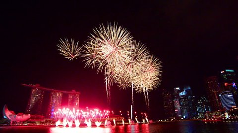 Singapore - July 25 2015: Singapore 50 years National Day dress rehearsal Marina Bay fireworks