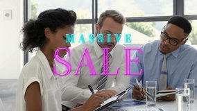 Animation of massive sale text over diverse colleague discussing project and writing notes in office. Digital composite, business, teamwork, meeting, marketing, shopping, banner, retail, advertise. - Powered by Shutterstock - Get 15% off with code: PIKWIZARD15