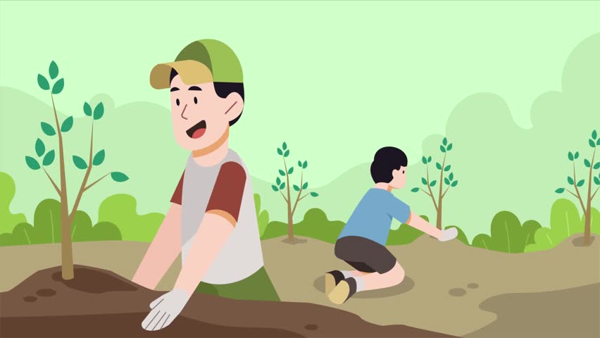 Cartoon People Doing Reforestation Animation