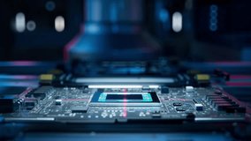 Close-up of Printed Circuit Board Lit by Bright Light, inside Component Installation Machine. Fully Automated PCB Assembly Line. Electronics Factory. Electronic Devices Production Industry. POV.  - Powered by Shutterstock - Get 15% off with code: PIKWIZARD15