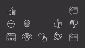 Rating white icons animation. Animated line customer feedback. User experience. Service quality. Loop HD video with alpha channel, transparent background. Motion graphic design for night mode