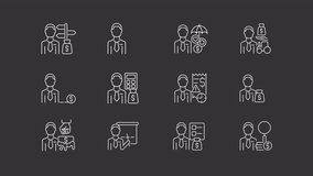 Animated finance careers white icons. Financial occupation line animation. Office worker. Loop HD video with alpha channel, transparent background. Motion graphic design for night mode