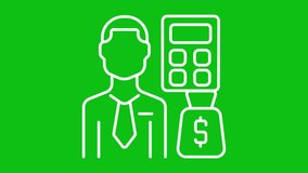 Animated budget analyst white icon. Accountant with calculator and money bag line animation. Loop HD video with chroma key, alpha channel, transparent background. Outline motion graphic animation