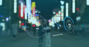 Animation of electric car speedometer data processing over city. Global car travel, business, finances, computing and data processing concept digitally generated video.