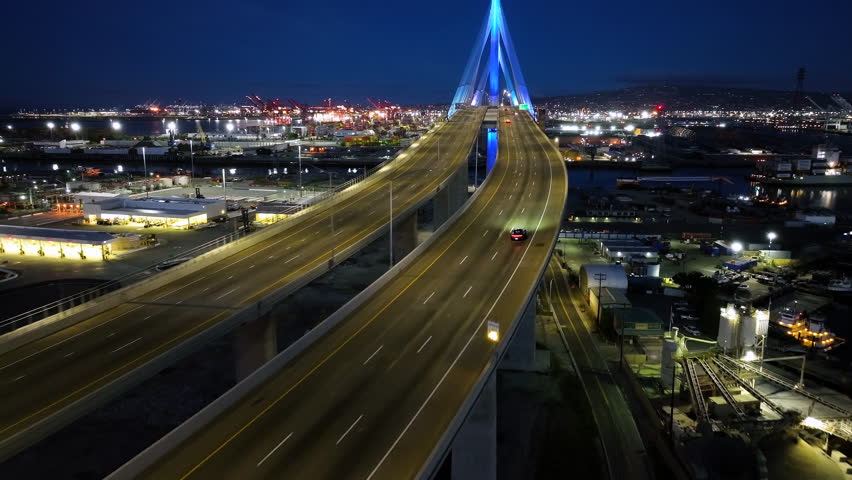 Gerald Desmond Bridge in Long Beach, CA aerial at night.  Long Beach International Gateway bridge near the Port of Long Beach. 