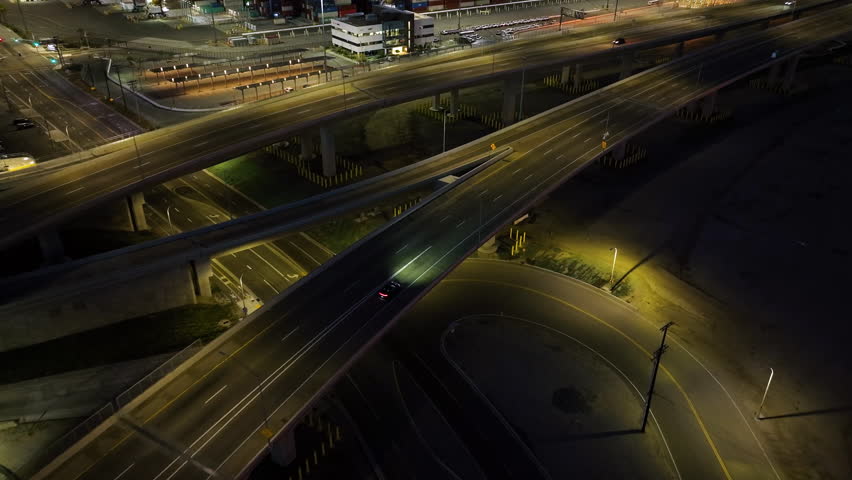 Gerald Desmond Bridge in Long Beach, CA aerial at night.  Long Beach International Gateway bridge near the Port of Long Beach. 