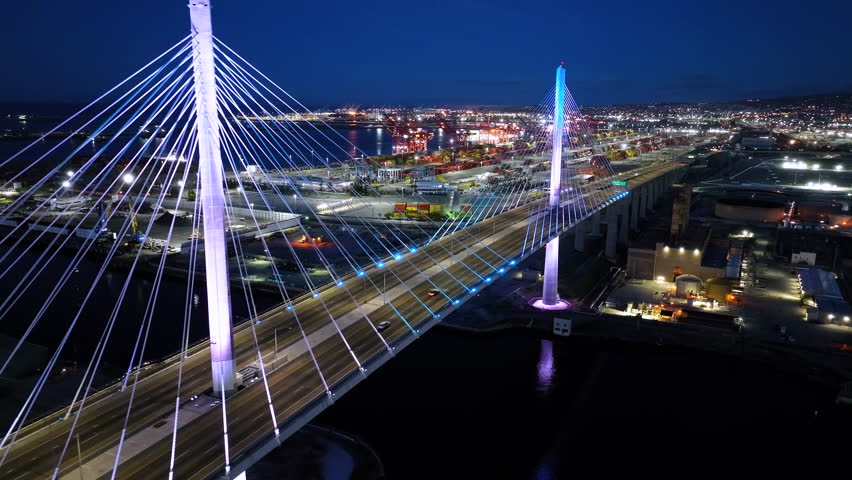 Gerald Desmond Bridge in Long Beach, CA aerial at night.  Long Beach International Gateway bridge near the Port of Long Beach. 