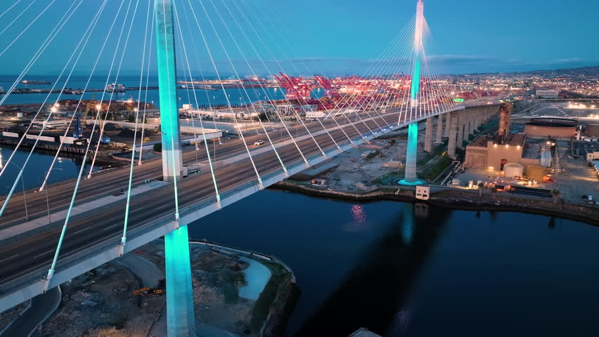 Gerald Desmond Bridge in Long Beach, CA aerial at night.  Long Beach International Gateway bridge near the Port of Long Beach. 