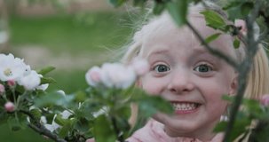 Video portrait of smiling round-faced girl with white hair near flowering tree. Child is smiling all tooths