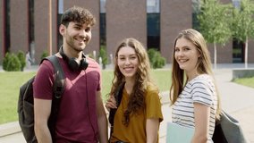 Portrait of group of an university students standing outside the university campus. Shot with RED helium camera in 8K. 