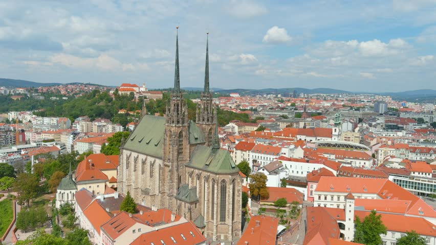 Aerial summer view of the Cathedral of St. Peter and Paul, locally known as Petrov, one of the most important architectural monuments of South Moravia, view point number one of Brno, Czech Republic