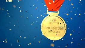 Looping video of Premium Quality golden medal with falling golden confetti, Victory concept