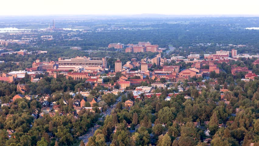 View of University of Boulder Colorado Panorama to Pearl Street Mall, Aerial View of City of Boulder Colorado, University of Colorado and Downtown Boulder Pearl Street