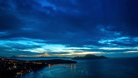 Aerial Hyperlapse view blue cloud moving above the marina and pier at Rawai Phuket.
beautiful sky in nature and travel concept.4K resolution.
scenery blue sky in sunrise on the islands background.