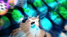 Psychedelic blurred traffic, animation. Dreamy vibrant abstract art background. 
