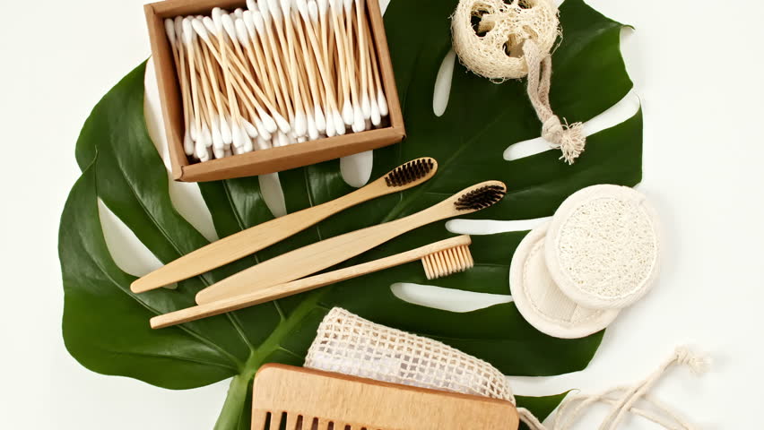 Natural skin care products. Zero waste, eco friendly bathroom and spa accessories. Personal care supplies: wooden comb, brush, toothbrush, soap in handmade. Beauty SPA branding mockup.