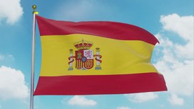Flag Of Spain Moving In The Wind With A Clear Blue Sky In The Background, Clouds Slowly Moving, Flagpole, Slow Motion