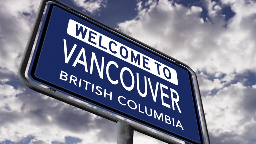 Welcome to Vancouver, British Columbia, Canada. Blue City Road Sign Close Up, Realistic 3d Animation