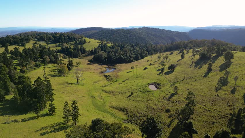 Aerial over rural properties near Lamington National Park, Gold Coast Hinterland, Scenic Rim
