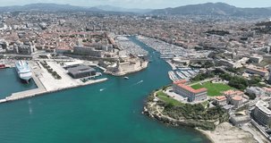 Aerial Drone Video: Magnificent Old Port of Marseille and Landmarks.