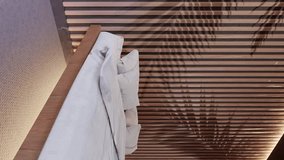 A modern hotel room with minimalistic interior near the beach with palm tree shadow on the furniture. vertical video - Powered by Shutterstock - Get 15% off with code: PIKWIZARD15