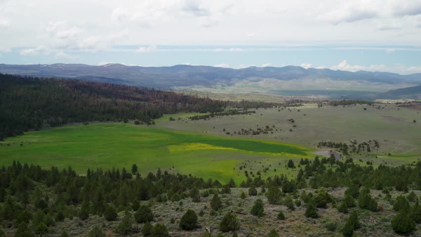 Green Fields And Hills On The Countryside Of Willow Creek In Oregon, United States - aerial drone shot