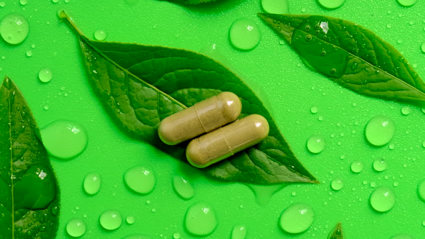 Homeopathy leaves tablets and capsules. Selective focus.
