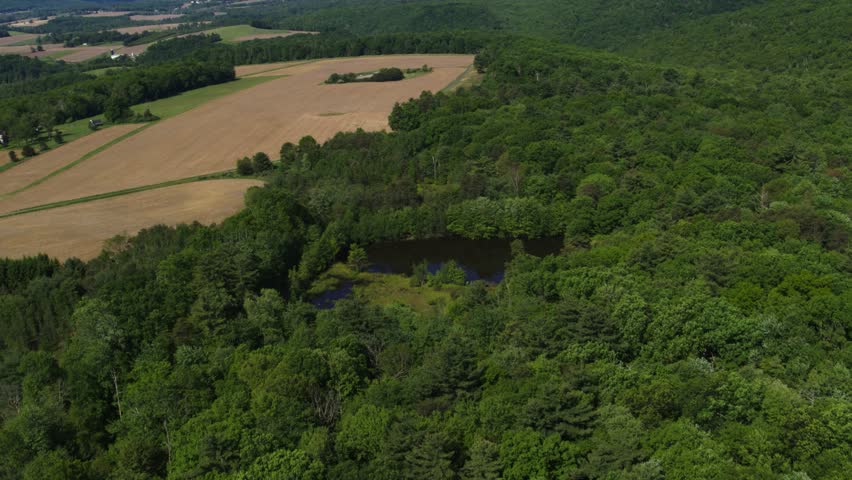 Aerial of forest and corn fields in eastern Pennsylvania near Hazleton