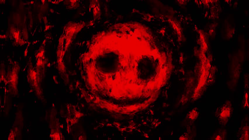 Creepy smile 2d animation. Animated 4K video clip nightmares for Halloween. Motion graphics with drawn demonic character. Grunge, ink, noise, coal and dust effects. Red and black abstract background. Royalty-Free Stock Footage #1105831643