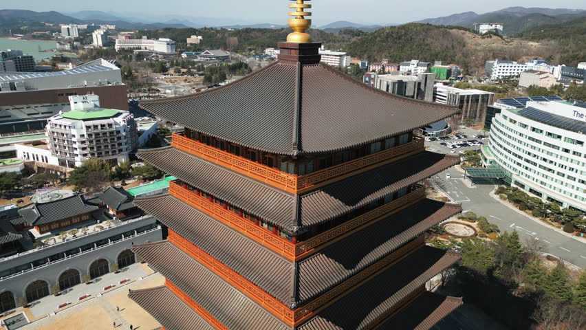 Gyeongju, South Korea, Feb 25, 2023: Buddhism pagoda aerial Overlook View at Gyeongju, South Korea