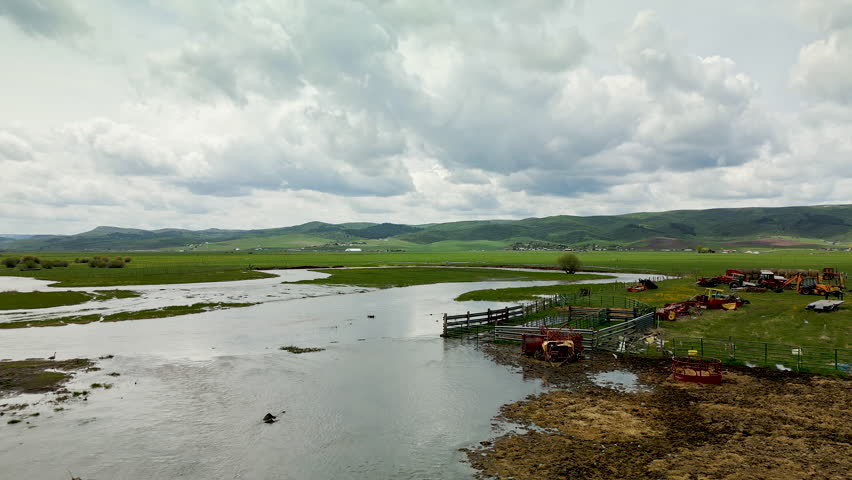 Aerial view of the Salt River flooding into pastures in Star Valley Wyoming.