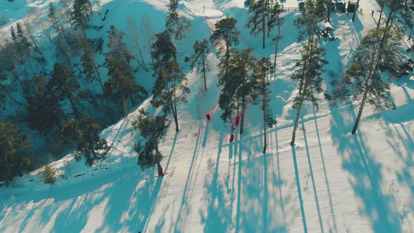 pictorial panorama people ski and snowboard at high green pine trees against modern mountain resort hotel upper view