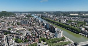 Fly over Liege: Aerial Drone Video of Maas River and Landmarks