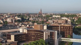 Establishing Aerial View Shot of Strasbourg Fr, capital of European Union, Bas-Rhin, France, morning day